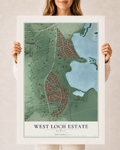 Map of West Loch Estate, Hawaii, 24 x 36 inch print in a white wood frame