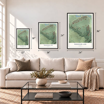 Wheeler AFB, Hawaii map in 12 x 18, 18 x 24 and 24 x 36 inch sizes above a sofa