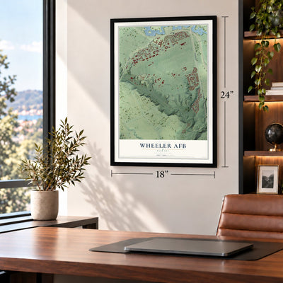 Wheeler AFB, Hawaii map, 18 x 24 inch print in a black frame in a home office