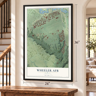 Wheeler AFB, Hawaii map, 24 x 36 inch print in a black frame by a staircase