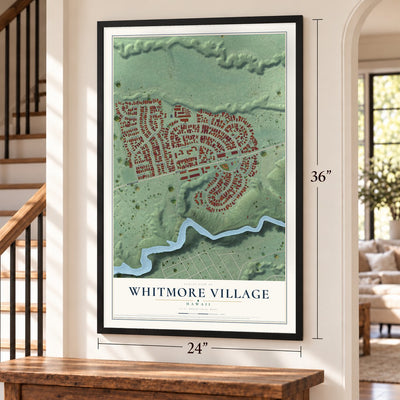 Whitmore Village, Hawaii map, 24 x 36 inch print in a black frame by a staircase