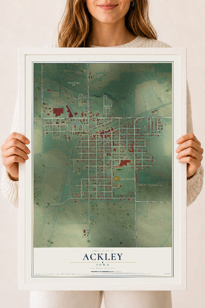 Map of Ackley, Iowa, 18 x 24 inch print in a white wood frame