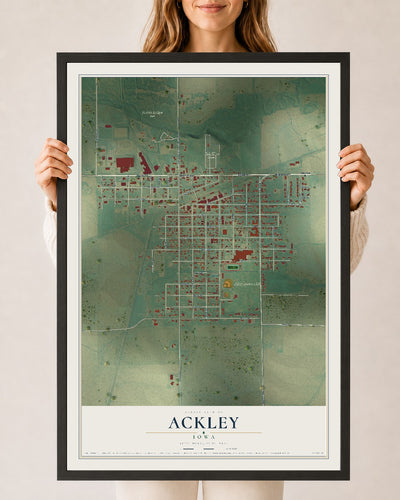 Map of Ackley, Iowa, 24 x 36 inch print in a black wood frame