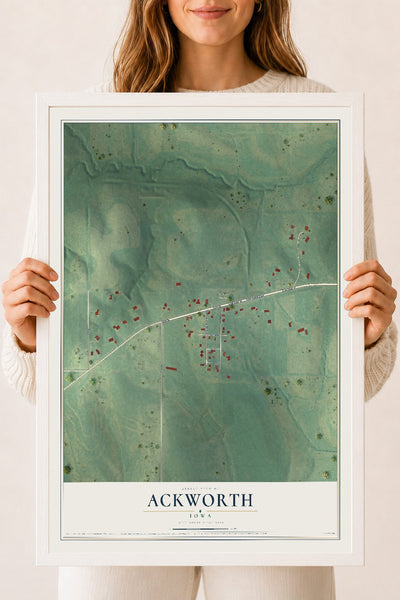 Map of Ackworth, Iowa, 18 x 24 inch print in a white wood frame