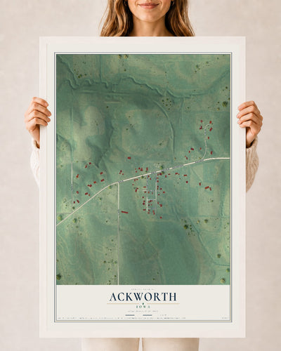 Map of Ackworth, Iowa, 24 x 36 inch print in a white wood frame