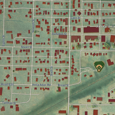 Close-up of the map of Adair, Iowa print showing street and building detail