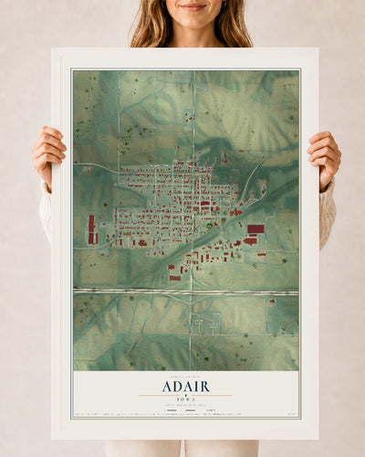 Map of Adair, Iowa, 24 x 36 inch print in a white wood frame