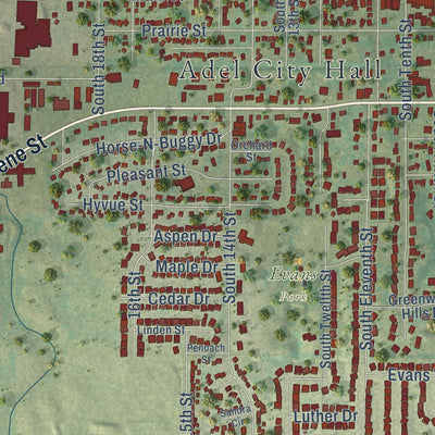 Close-up of the map of Adel, Iowa print showing street and building detail