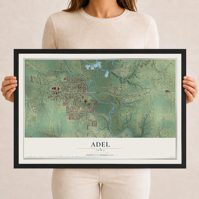 Map of Adel, Iowa, 12 x 18 inch print in a black wood frame