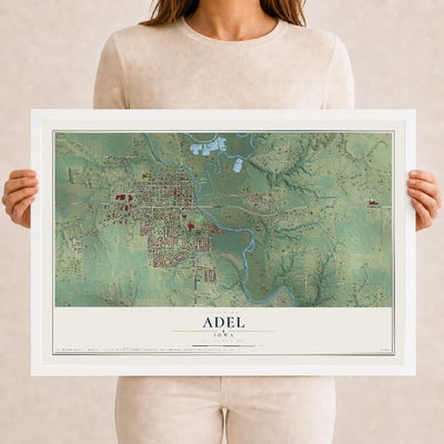 Map of Adel, Iowa, 12 x 18 inch print in a white wood frame