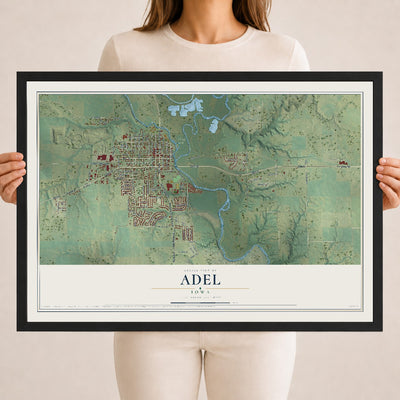 Map of Adel, Iowa, 18 x 24 inch print in a black wood frame