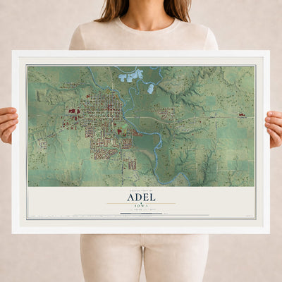Map of Adel, Iowa, 18 x 24 inch print in a white wood frame