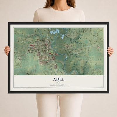 Map of Adel, Iowa, 24 x 36 inch print in a black wood frame