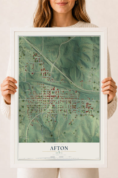 Map of Afton, Iowa, 18 x 24 inch print in a white wood frame