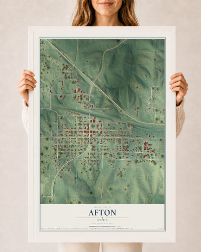 Map of Afton, Iowa, 24 x 36 inch print in a white wood frame