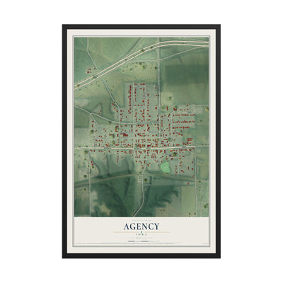 Map of Agency, Iowa, 12 x 18 inch print in a black wood frame