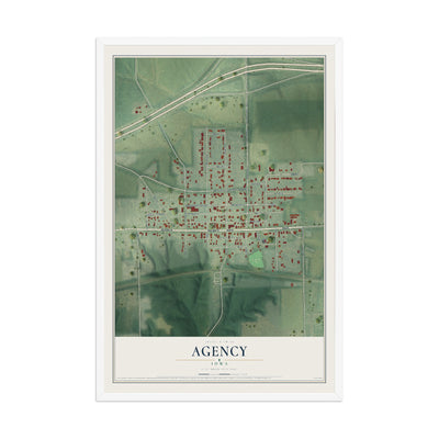 Map of Agency, Iowa, 12 x 18 inch print in a white wood frame