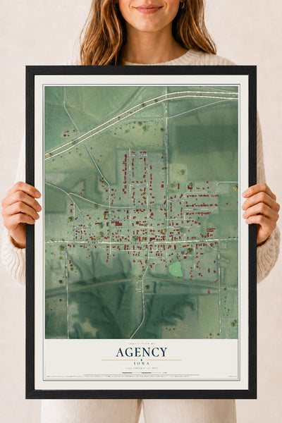 Map of Agency, Iowa, 18 x 24 inch print in a black wood frame