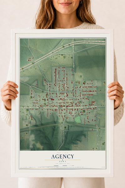 Map of Agency, Iowa, 18 x 24 inch print in a white wood frame