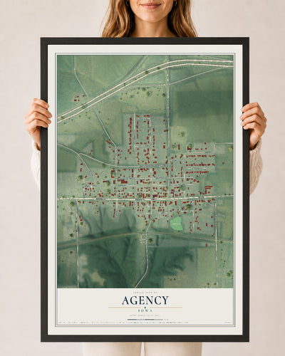 Map of Agency, Iowa, 24 x 36 inch print in a black wood frame