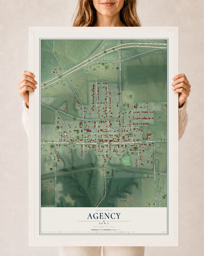 Map of Agency, Iowa, 24 x 36 inch print in a white wood frame