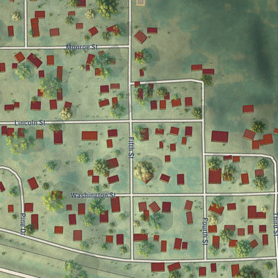 Close-up of the map of Ainsworth, Iowa print showing street and building detail