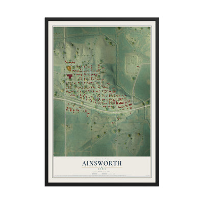 Map of Ainsworth, Iowa, 12 x 18 inch print in a black wood frame
