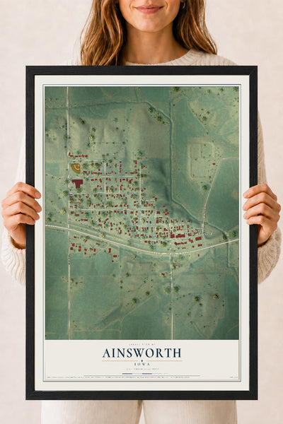Map of Ainsworth, Iowa, 18 x 24 inch print in a black wood frame