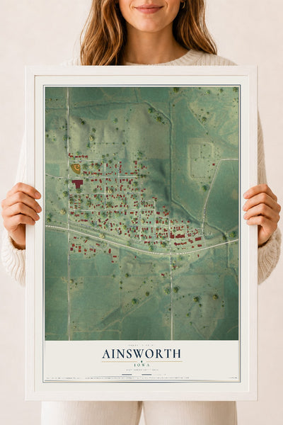 Map of Ainsworth, Iowa, 18 x 24 inch print in a white wood frame