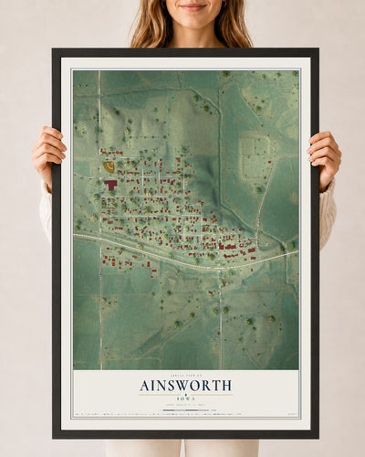 Map of Ainsworth, Iowa, 24 x 36 inch print in a black wood frame