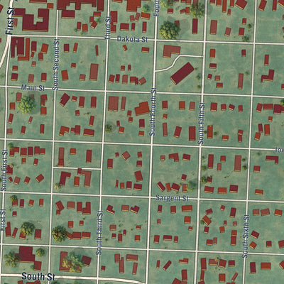 Close-up of the map of Akron, Iowa print showing street and building detail