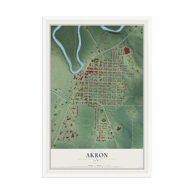 Map of Akron, Iowa, 12 x 18 inch print in a white wood frame