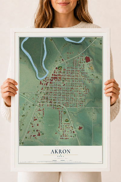 Map of Akron, Iowa, 18 x 24 inch print in a white wood frame