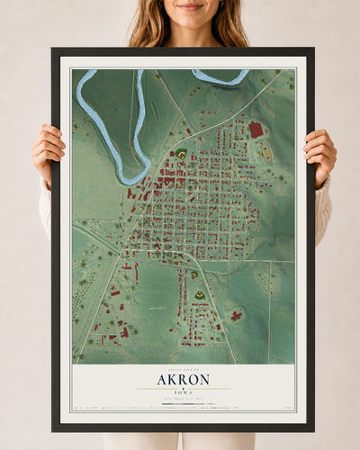 Map of Akron, Iowa, 24 x 36 inch print in a black wood frame