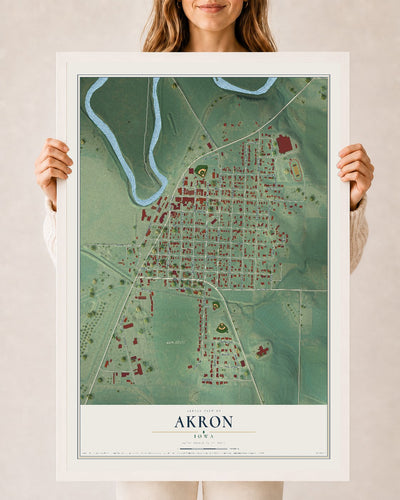 Map of Akron, Iowa, 24 x 36 inch print in a white wood frame