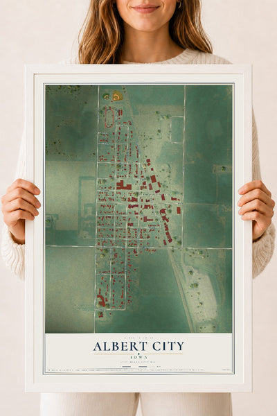 Map of Albert City, Iowa, 18 x 24 inch print in a white wood frame