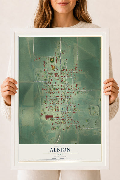 Map of Albion, Iowa, 18 x 24 inch print in a white wood frame