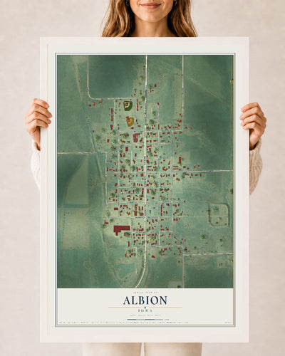 Map of Albion, Iowa, 24 x 36 inch print in a white wood frame