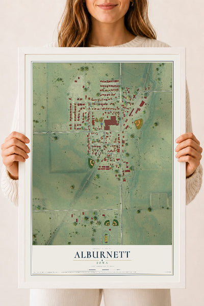 Map of Alburnett, Iowa, 18 x 24 inch print in a white wood frame