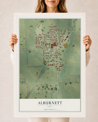 Map of Alburnett, Iowa, 24 x 36 inch print in a white wood frame