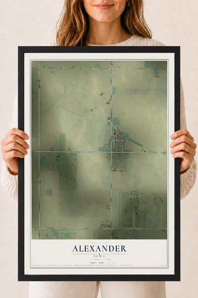 Map of Alexander, Iowa, 18 x 24 inch print in a black wood frame