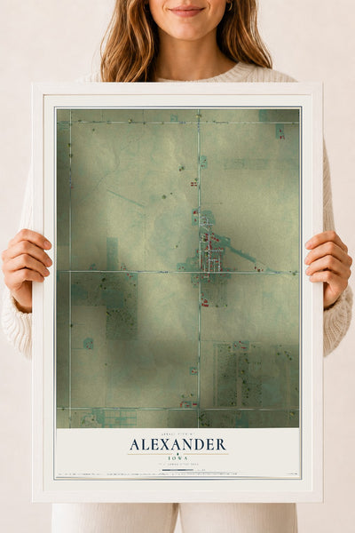 Map of Alexander, Iowa, 18 x 24 inch print in a white wood frame