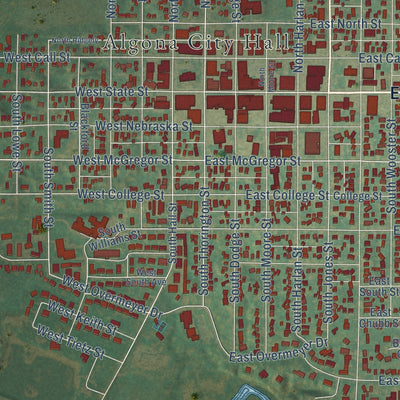 Close-up of the map of Algona, Iowa print showing street and building detail
