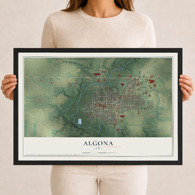 Map of Algona, Iowa, 12 x 18 inch print in a black wood frame