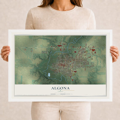 Map of Algona, Iowa, 12 x 18 inch print in a white wood frame