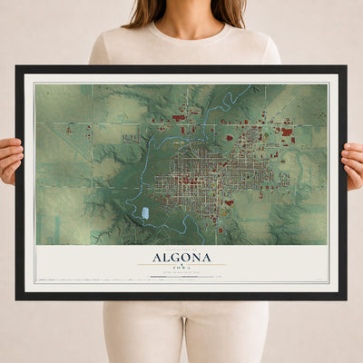 Map of Algona, Iowa, 18 x 24 inch print in a black wood frame