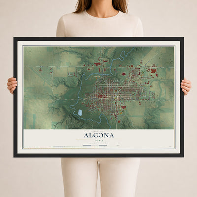 Map of Algona, Iowa, 24 x 36 inch print in a black wood frame