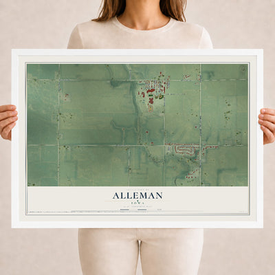 Map of Alleman, Iowa, 18 x 24 inch print in a white wood frame