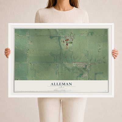 Map of Alleman, Iowa, 24 x 36 inch print in a white wood frame