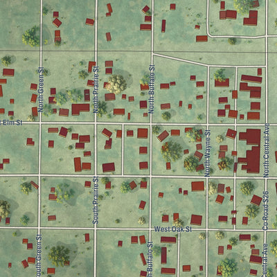 Close-up of the map of Allerton, Iowa print showing street and building detail